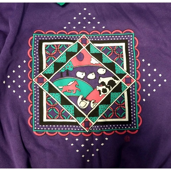 Cotton Grove Designs Purple Collared Sweatshirt Sz L Colorful Farm Scene Graphic - Picture 3 of 7